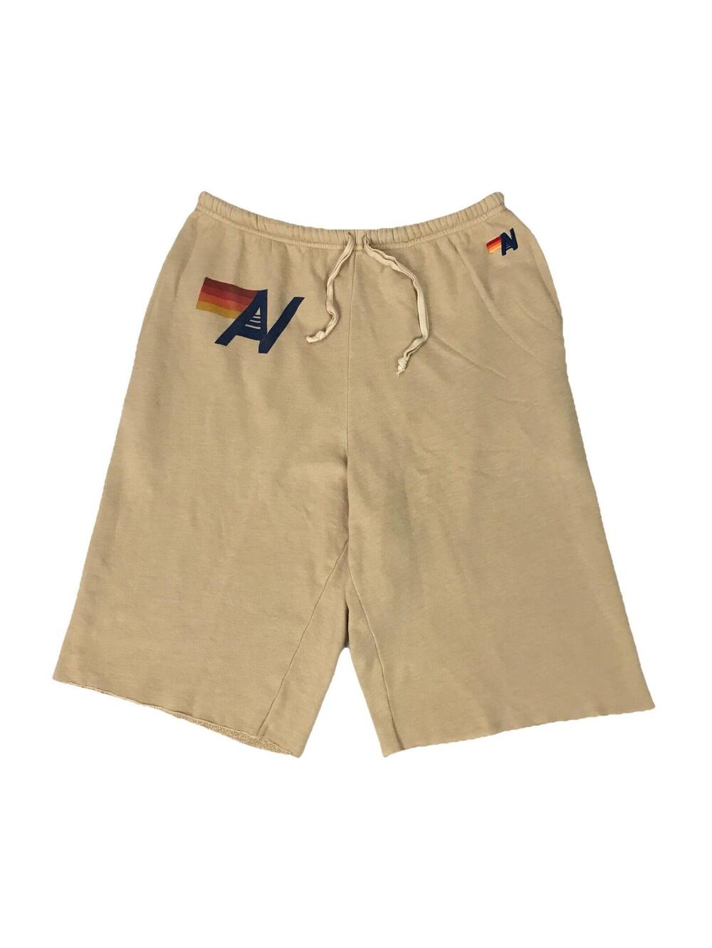 Aviator Nation Sweat Shorts Mens XL Beige Fleece Rainbow Logo Raw Hem USA Made